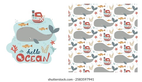 Funny baby pattern with sperm whale and steamship, children s print. Seamless background with sea animals, cute vector texture for baby bedding, fabric, wallpaper, wrapping paper, textile, t-shirt