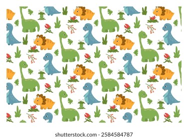 Funny baby pattern with three cute dinosaurs, children s print. Seamless background with prehistoric animals, cute vector texture for baby bedding, fabric, wallpaper, wrapping paper, textile, t-shirt