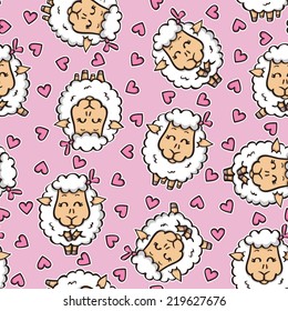 funny baby pattern. vector doodle seamless pattern with sheep and hearts for wallpaper, web page background, surface textures, textile, baby shower, scrap book 