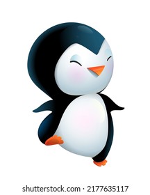 Funny baby penguin dancing, cute Antarctic animal illustration for kids. Children cartoon of adorable happy smiling penguin, isolated vector clipart.