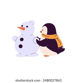 Funny baby penguin makes snowman. Cute north bird builds snow sculpture at winter holidays. Happy polar animal in scarf has fun at Christmas vacations. Flat isolated vector illustration on white