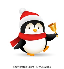 Funny baby penguin ringing bell. Cute character wearing Christmas hat and scarf. Christmas concept. Realistic vector illustration for winter holidays, party, festive event