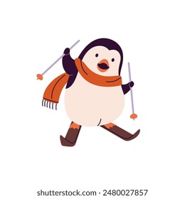 Funny baby penguin in scarf skiing at snow resort. Cute north bird has fun in winter holidays. Happy polar animal skier with poles greeting. Flat isolated vector illustration on white background