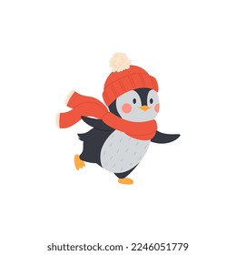 Funny baby penguin in winter knitted hat and scarf cartoon character, flat vector illustration isolated on white background. Penguin mascot for winter prints and designs.