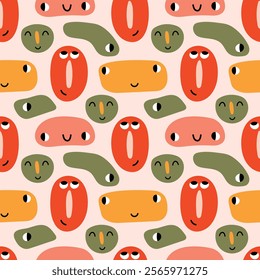 Funny baby seamless pattern with colored faces. Cute monsters on a beige background. Vector illustration for background, fabric, fashion, bed linen, cover, wrapping paper