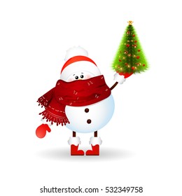 Funny, baby  snowman  holding  glowing  beautiful Christmas tree with red balls, christmas lights, jingle bells, golden garland, shiny star isolated on white background. Vector illustration 
