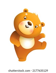 Graciosa danza de oso de peluche para bebés, linda ilustración animal para niños. Dibujo infantil de adorable oso sonriente feliz, aislado vector clipart.