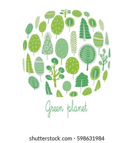 funny baby tree in the circle.The postcard "Green planet".On a white background