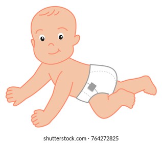 funny baby in a white diaper, vector illustration, crawling