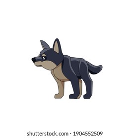 Funny baby wolf. Cartoon character of a dangerous mammal animal. A wild forest creature with dark fur. (Canis lupus). Side view. Vector flat illustration isolated on a white background.
