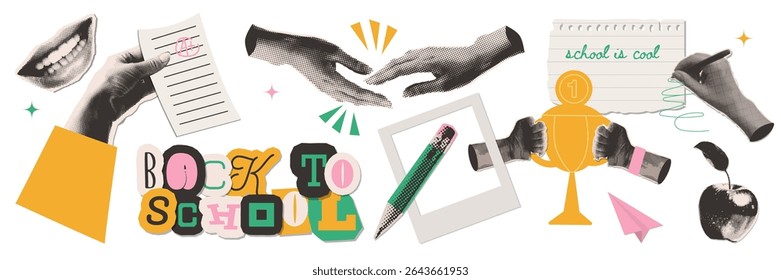 Funny back to school collage elements set. Dotted Halftone hands holding school supplies and stationery. Modern retro vector illustration