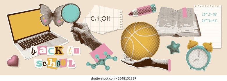 Funny back to school collage elements set. Dotted Halftone hands holding school supplies and stationery - loupe, basketball ball. Modern retro vector illustration