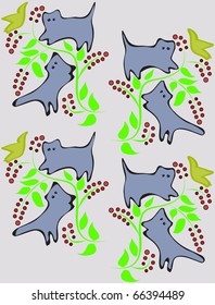 Funny background with cats on a tree with birds.