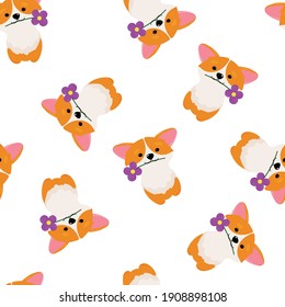 Funny background with corgi. Corgi with flower seamless pattern