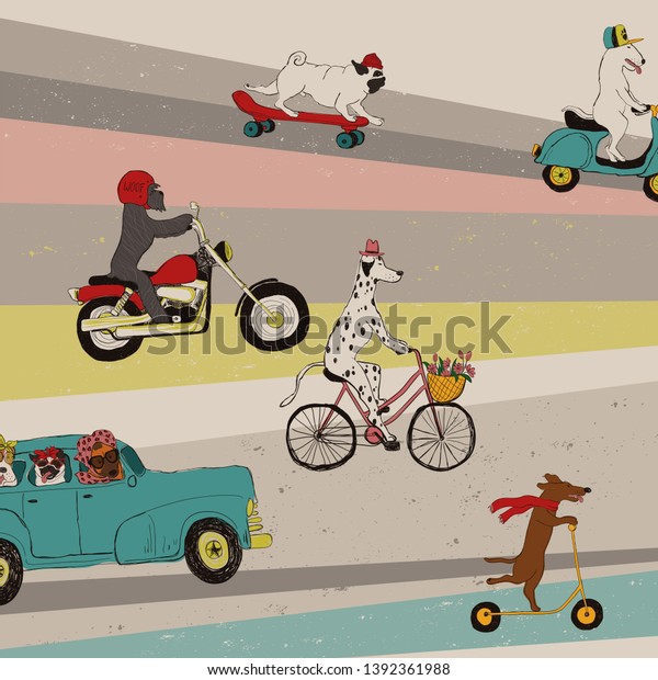 Funny background with cute\
dogs driving car, riding bike, scooter, motorcycle and skateboard.\
