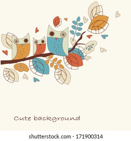 Funny background with cute owls and flowers in cartoon style