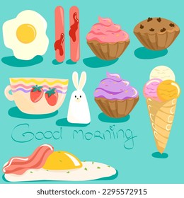 Funny background with cute sweet foods in kawaii style with smiling face and pink cheeks.  So sweet, cake and cupcake