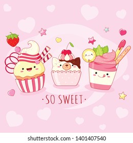 Funny background with cute sweet icons in kawaii style with smiling face and pink cheeks. Inscription So sweet, smoothies and cupcake. EPS8 