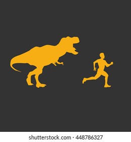 Funny background dinosaur T-rex running after man