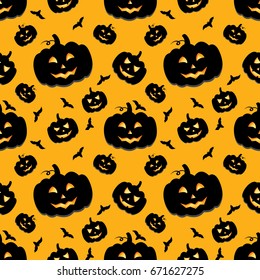 Funny background of Halloween pumpkins with carved smiles. Vector illustration for a postcard or a poster, print on clothes or wrapping paper.