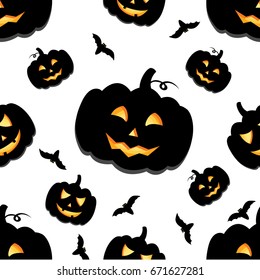 Funny background of Halloween pumpkins with carved smiles. Vector illustration for a postcard or a poster, print on clothes or wrapping paper.