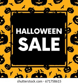 Funny background of Halloween pumpkins with carved smiles. Vector illustration for a postcard or a poster, print on clothes or wrapping paper. Sale card.