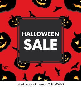 Funny background of Halloween pumpkins with carved smiles. Vector illustration for a postcard or a poster, print on clothes or wrapping paper. Sale card.