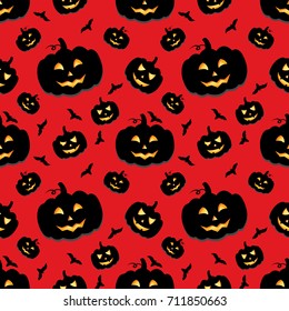 Funny background of Halloween pumpkins with carved smiles. Vector illustration for a postcard or a poster, print on clothes or wrapping paper.