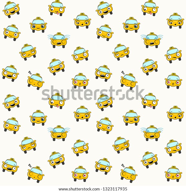 \
Funny Background for Kids.\
Vector Seamless Texture. Cartoon yellow taxi with different\
emotions.