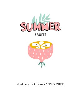 Funny background with text - summer fruits and abstract orange isolated on white background. Vegetarian and vegan food in modern design. Vector illustration.