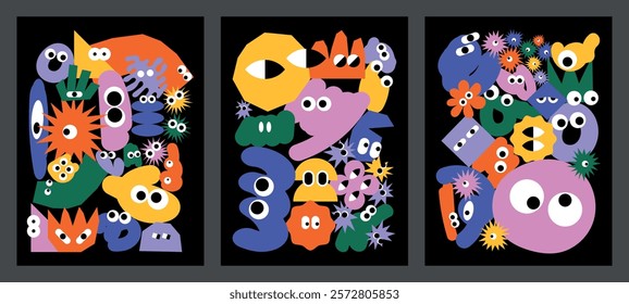 Funny backgrounds with abstract shapes and childish characters. Set of posters with colorful doodles. Cartoon vector illustrations. Crazy characters with big eyes.