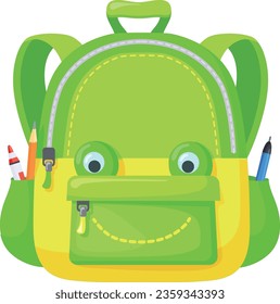 Funny backpack with smiling face. School bag mascot isolated on white background