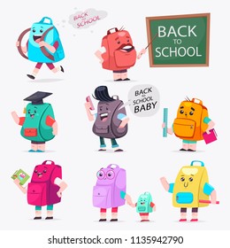 Funny backpack vector cartoon character set isolated on a white background. Back to school concept design.