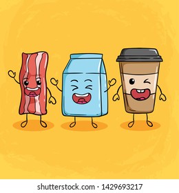 Funny Bacon Milk and Coffee Cup With Cute Expression on Orange Yellow Background
