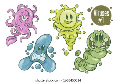 Funny bacteria, virus and pathogen cartoon character set. Cute vector
microbes icons with different emotions isolated on white background.