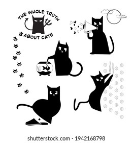 Funny bad cat behavior set. Black and white cartoon pictures, icons: the cat yells, urinates in the slippers, spoils the wall, catches aquarium fish.