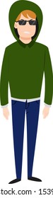 Funny bad guy wearing dark green hoodie standing with black eyeglasses