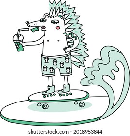 Funny bad wild hedgehog with tattoo and piercing rides a skateboard drinking coffee on a surfboard funnygraphics illustration linear drawing character