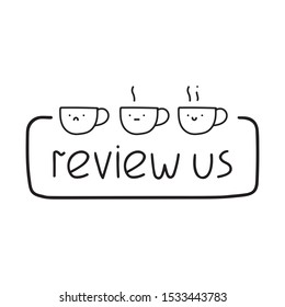 Funny badge - review us. Vector hand drawn illustration on white background.