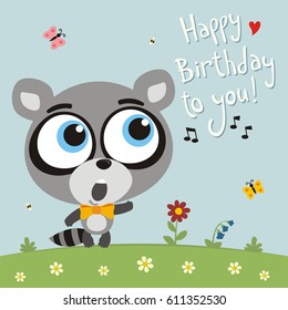 Funny badger sings song Happy birthday to you! Greeting card.