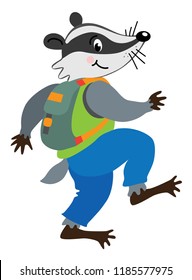 Funny badger walking or sneaks with backpack