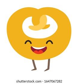 Funny bagel vector illustration. Happy bagel character with cute face. Sweet bagel emoji. Emotional pastry food. Bakery icon, isolated on white background