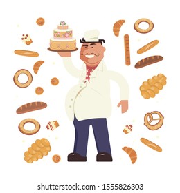 Un personaje gracioso de Baker sostiene un pastel aislado de fondo blanco. Alrededor de diferentes panes y panecillos. Ilustración de vectores de arte plano