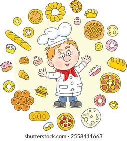 Funny baker and pastry cook surrounded by freshly baked pastry including long loafs, breads, rolls, buns, pies, pasties and cakes, vector cartoon illustration on a white background