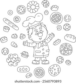 Funny baker and pastry cook surrounded by freshly baked pastry including long loafs, breads, rolls, buns, pies, pasties and cakes, black and white vector cartoon illustration for a coloring book