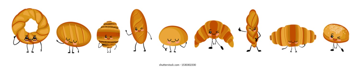 Funny bakery food with different emotions. Vector characters in cartoon style bun, baguette, long loaf, bagel, croissant. Cartoon character with arms and legs and a smile and eyes