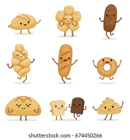 Funny bakery food with different emotions. Vector characters in cartoon style