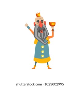 Funny bald king character with golden cup in his hand cartoon vector Illustration