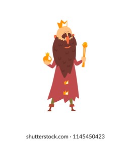 Funny bald king character with golden scepter in his hand cartoon vector Illustration on a white background