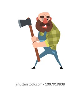 Funny bald lumberjack posing with his axe. Cartoon bearded man in green checkered shirt and blue coveralls. Forest worker. Woodcutter in flat style. Vector design